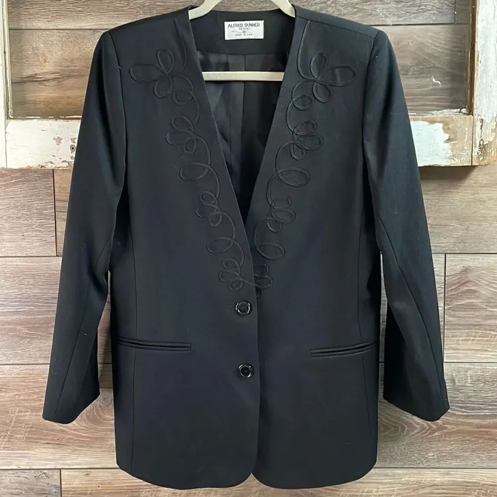 ALFRED DUNNER Womens Vintage Dress Blazer Jacket Fancy Trim Work Petite 8 Black